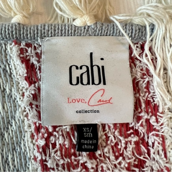 CAbi Red Yellow and Gray Fringe Geographic Knit Poncho Sweater Kimono - Picture 10 of 13